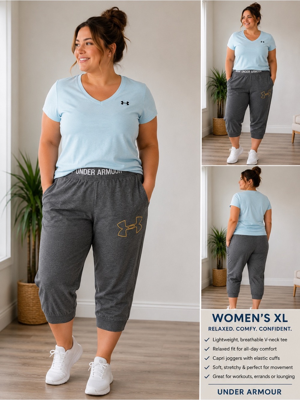 Under Armour Women’s XL Capri Joggers in Charcoal Gray with Gold Logo with shirt